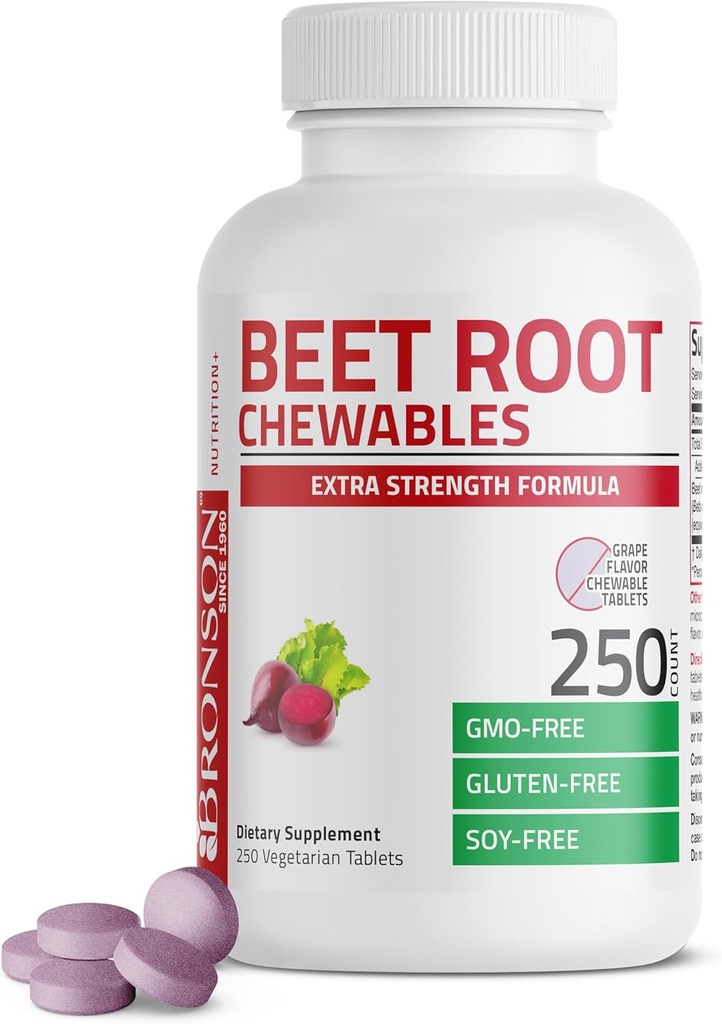 Bronson Beet Root Chewables 2000 MG, Grape Flavored - Extra Strength 2000 MG Por Serving Circulation Support Heart Health ' Stamina, Non-GMO, 250 Vegetarian Grape Flavored Chewable Tablets