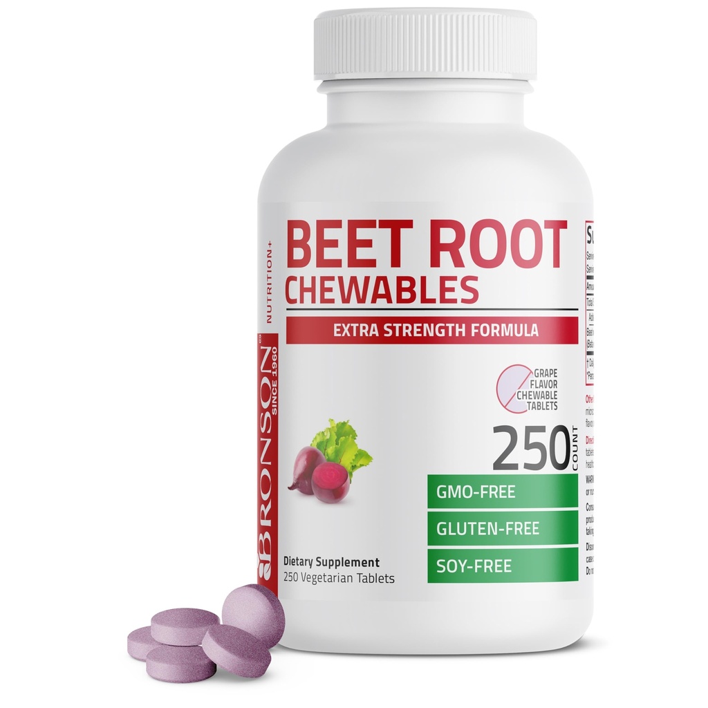 Bronson Beet Root Chewables 2000 MG, Grape Flavored - Extra Strength 2000 MG Por Serving Circulation Support Heart Health ' Stamina, Non-GMO, 250 Vegetarian Grape Flavored Chewable Tablets