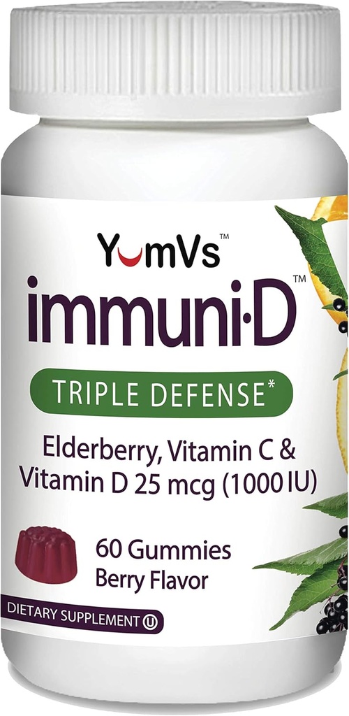 ImmuniD Elderberry Gummies by YumVs ← Triple Defensa Vitaminas con Sambucus Elderberry, Vitamina C &amp; Vitamina D Vida Sistema completo Apoyo para Mujeres y Hombres ← Natural Berry Flavor-60 Conde
