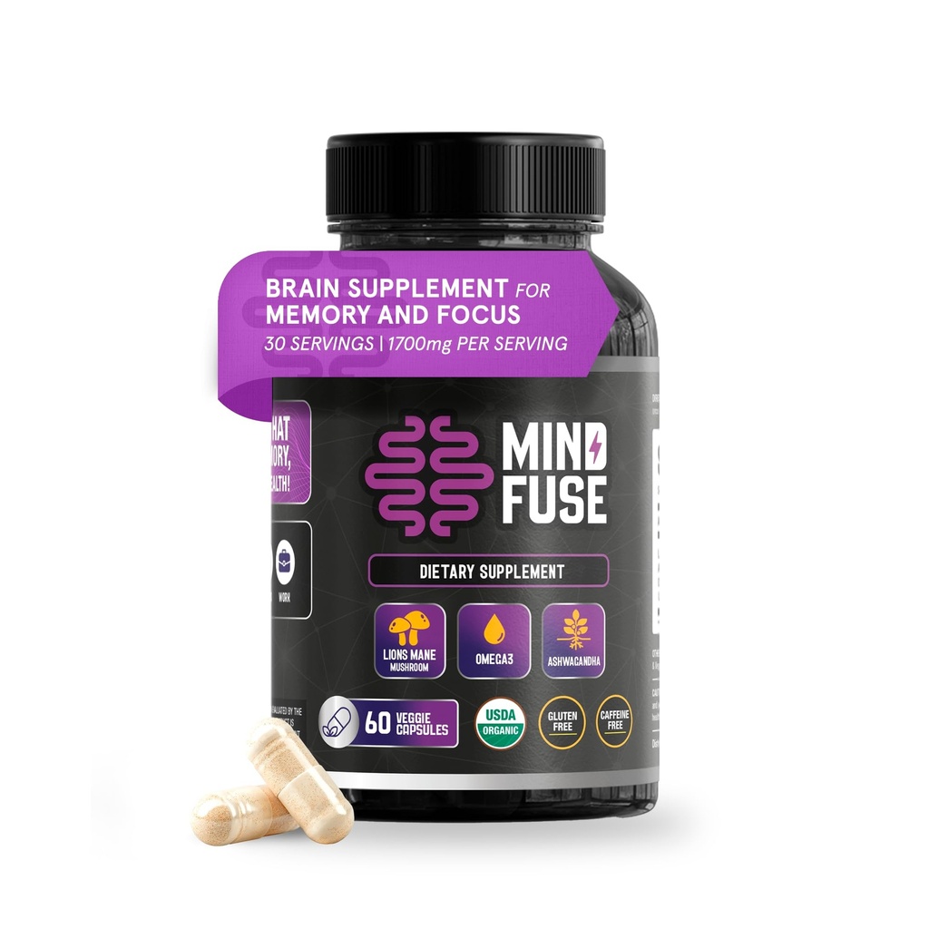 Suplemento Nootropic Memory Booster para adultos - Mane de León cápsulas con Omega-3, Ashwagandha & L-Theanine para Focus &amp; Memory - Gluten-Free 60 cápsulas