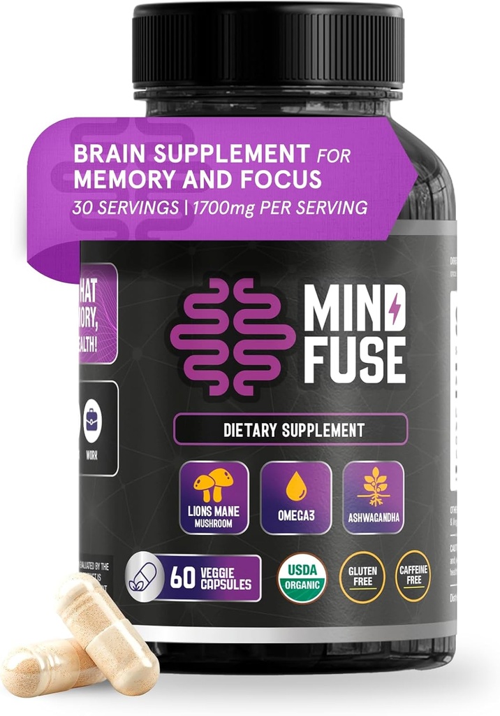Suplemento Nootropic Memory Booster para adultos - Mane de León cápsulas con Omega-3, Ashwagandha & L-Theanine para Focus &amp; Memory - Gluten-Free 60 cápsulas