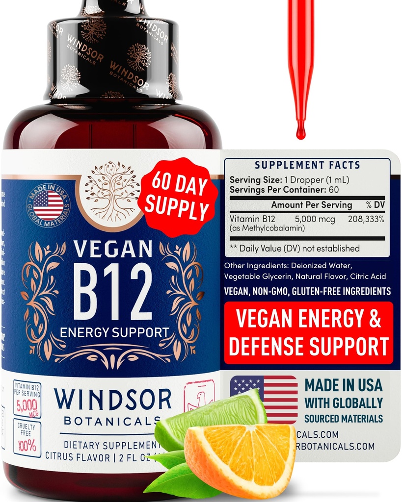 Vegan Vitamina B12 Liquid - Max Strength Methylcobalamin B12 Sublingual 5000 mcg - Suplemento de Absorbing Rápido para Mood, Memory and Energy Support - Non-GMO, Gluten-Free, Citrus Flavor B 12 gotas, 2oz