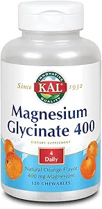 KAL® Magnesium Glycinate 400 mg Silencioso Magnesio Chelated Suplemento TEN High Absorption, Gentle Digestion ¦ Sugar Free Natural Orange Flavor TEN 120 Chewables