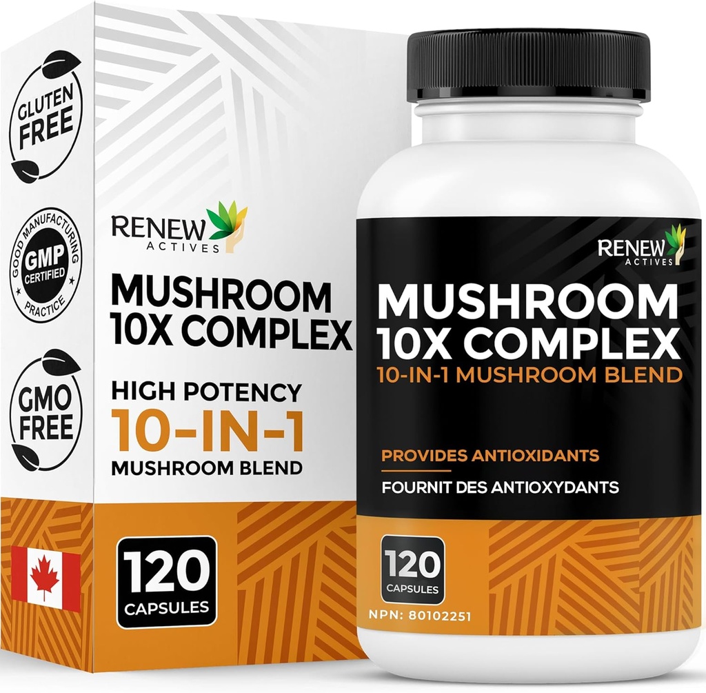 ACTIVOS DE REENEW Complejo de setas 2 cápsulas por ser – 10 setas mezcladas con antioxidantes para la salud y el bienestar inmunes – apoya la vitalidad general y bienestar a largo plazo –Fabricación en Canadá - 120 cápsulas