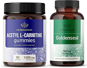 HerBAMAMA L-Carnitina y Goldenseal Kit - Agrupo de 1500 mg Acetyl L-Carnitine Gummies & 700 mg Goldenseal Capsules - Vegan, No GMO, Gelatin-Free - 2 Pack
