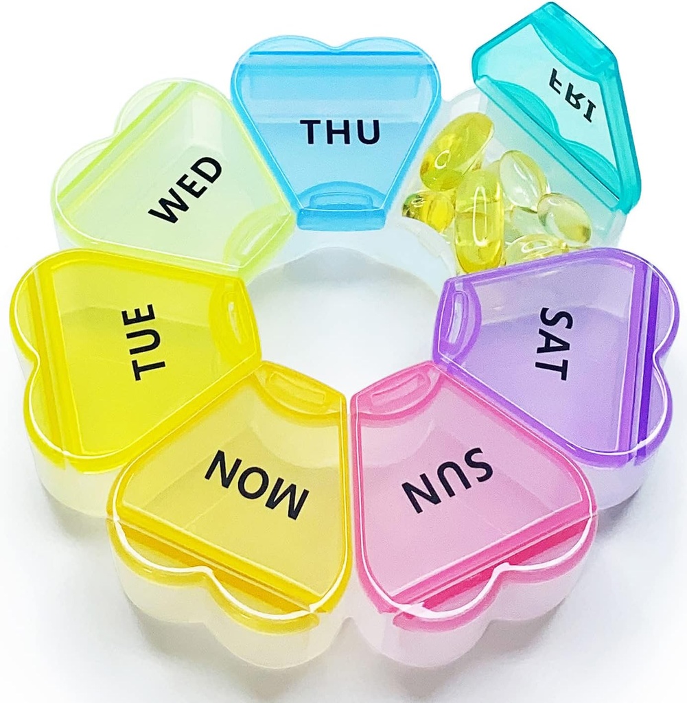 MOLN HYMY gran caja semanal de píldoras 7 días, Organizador de caja de píldoras 1 vez al día, Contenedor de píldoras florales una vez al día, dispensador de medicina bonita para vitamina / aceite de moscas / medicamentos / suplementos