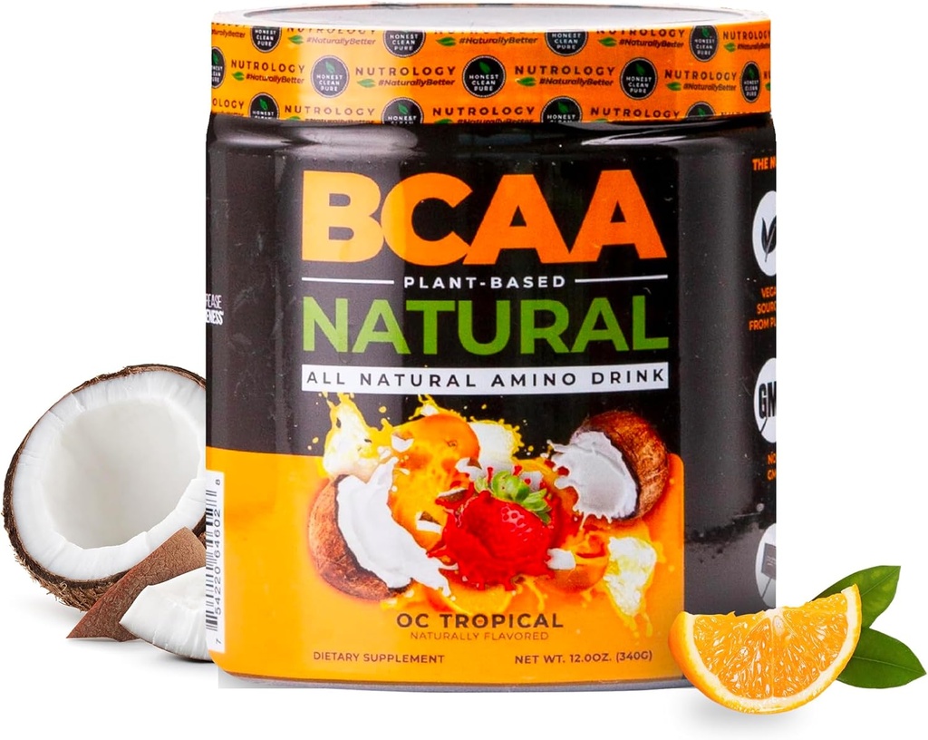 Nutrology BCAA Natural - Plant Based BCAA Powder, Orange Coconut Flavor, Optimizado 2:1 Ratio Amino Acids Powder for Pre Workout & Post Workout Recovery, Vegan, Gluten-Free, Non-GMO, 30 Servings