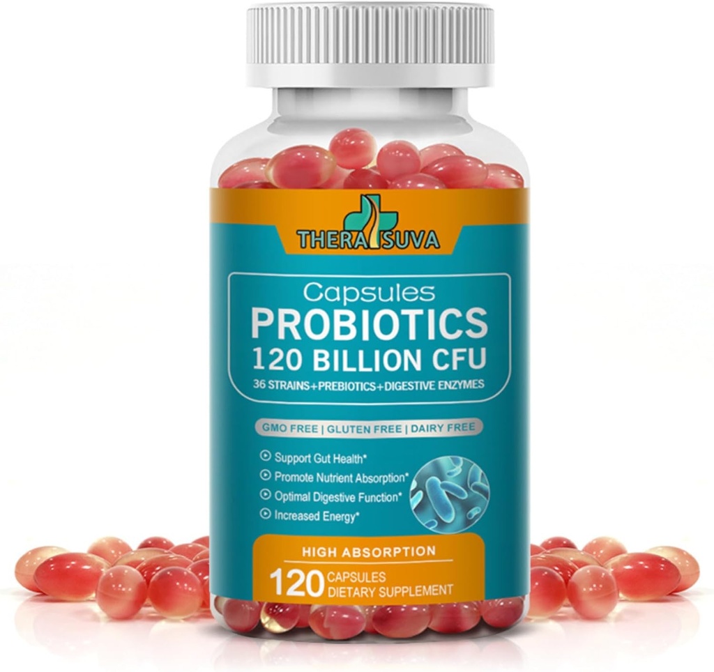 Probiotics 120 Billion CFU-36 Strains + Organic Prebiotics + Natural Whole Food Supplement for Ultimate Gut Health Support- 120 Softgels, 60 Day Supply
