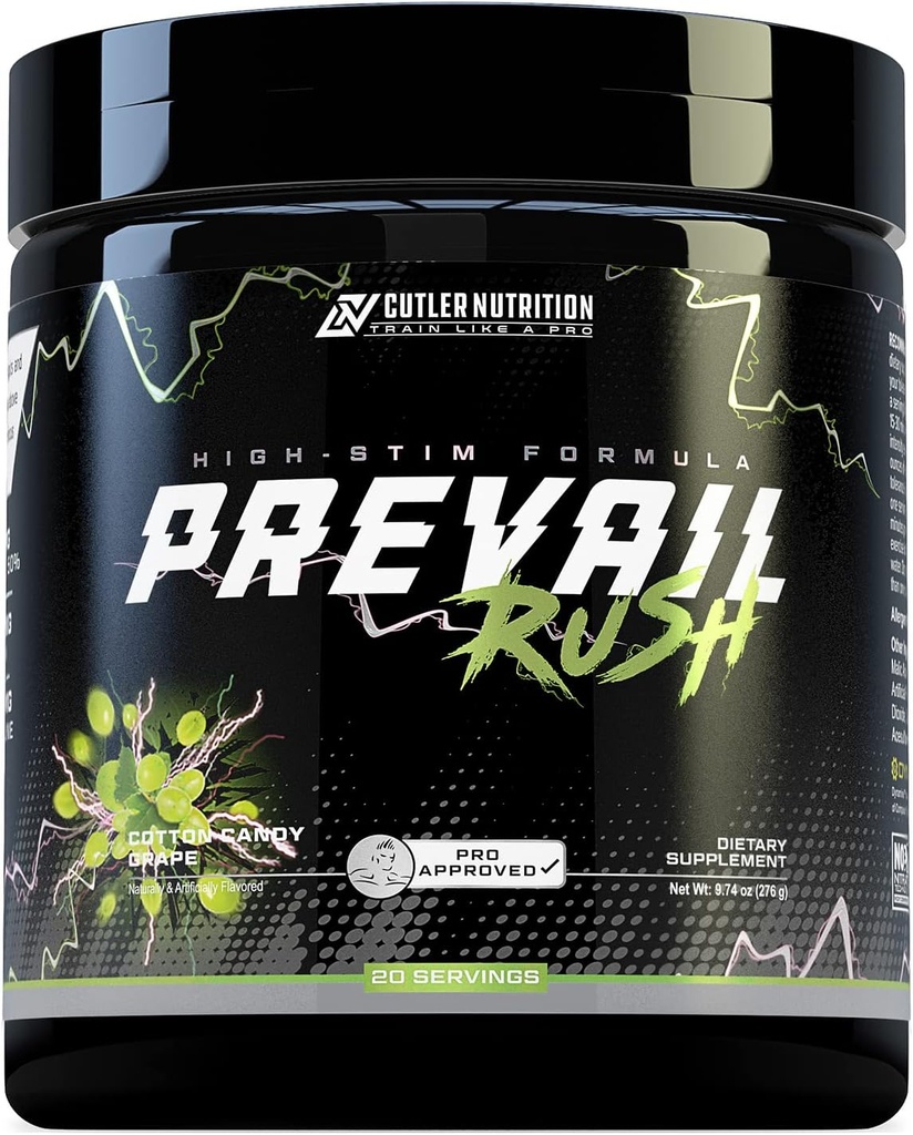 Cutler Nutrition High Stim Pre Workout Powder Prevail Rush Preworkout for Men &amp; Women for Intense Pumps Energy and Focus with Caffeine NO3T Betaine and Dynamine ← Cotton Candy Grape (20 Servings)