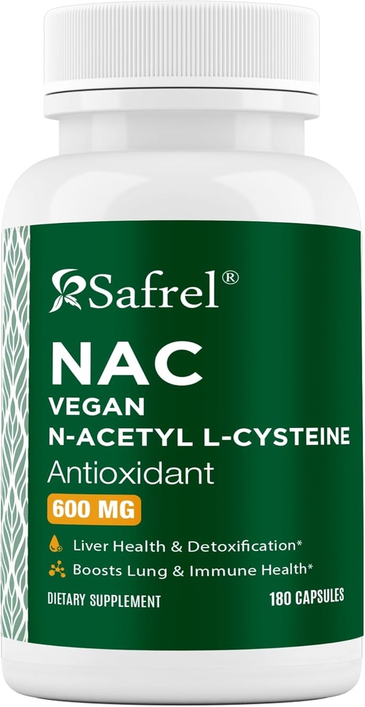 Safrel N-Acetyl-L-Cysteine (NAC) Capsules, 600mg, 180 Conde, Respiratorio, Inmune, Hierro Salud Potente antioxidante Apoyo, Libre-radicales, Fácil de Absorb, No-GMO, Gluten Free