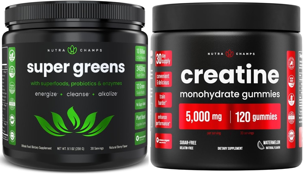 NutraChamps Full Workout & Energy Bundle - Super Greens & Creatine Gummies.