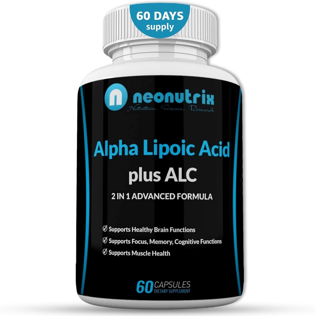 Alfa Lipoic Acid Plus Acetyl L-Carnitine Antioxidante Suplemento ALA ALC para la función cerebral saludable & fuerza muscular, enfoque, memoria & función cognitiva para hombres y mujeres - 60 cápsulas por Neonutrix