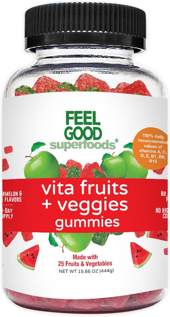 FeelGood Superfoods Vita Fruits and Veggies Supplements, Multivitamin Fruit and Vegetable Gummies, 25 Fruits and Vegetables, Watermelon y Apple Flavors, Vegan, Non-GMO, 60 Condes