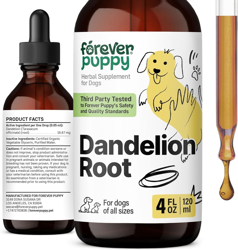 Forever Puppy Dandelion Root Drops for Dogs - Liquid Liver Health Supplement for Large, Medium &amp; Small Dogs - Liver Cleanse Detox Drops w/Dandelion Root Extract - 4 oz