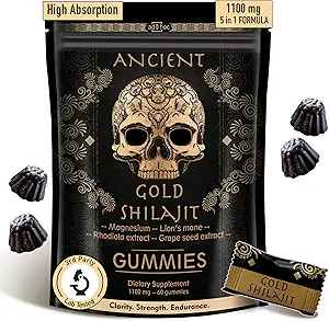 ad hoc 1100mg Gold Shilajit Gummies with Magnesium, Lions Mane, Rhodiola, Grape Seed - Himalayan Shilajit for Men Women, 85+ Trace Minerals & Fulvic Acid, Pure Shilajit for Energy Immune Support,60 Ct