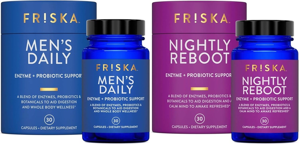 FRISKA Mens & Nightly Probiotic Bundle ← Enzymes Digestivos " Probióticos Suplemento Silencio Masculino " Nightime Digestion " Bloating Support  30 Capsules per Bottle