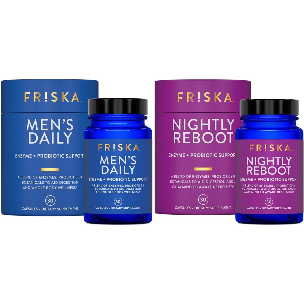 FRISKA Mens & Nightly Probiotic Bundle ← Enzymes Digestivos " Probióticos Suplemento Silencio Masculino " Nightime Digestion " Bloating Support  30 Capsules per Bottle