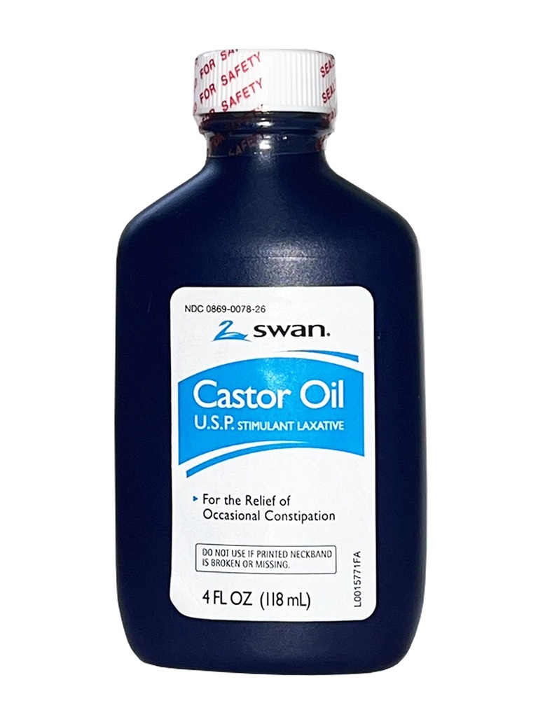 SWAN Castor Oil USP 100% estimulante Laxante 4 FL OZ - Para el alivio del estreñimiento ocasional