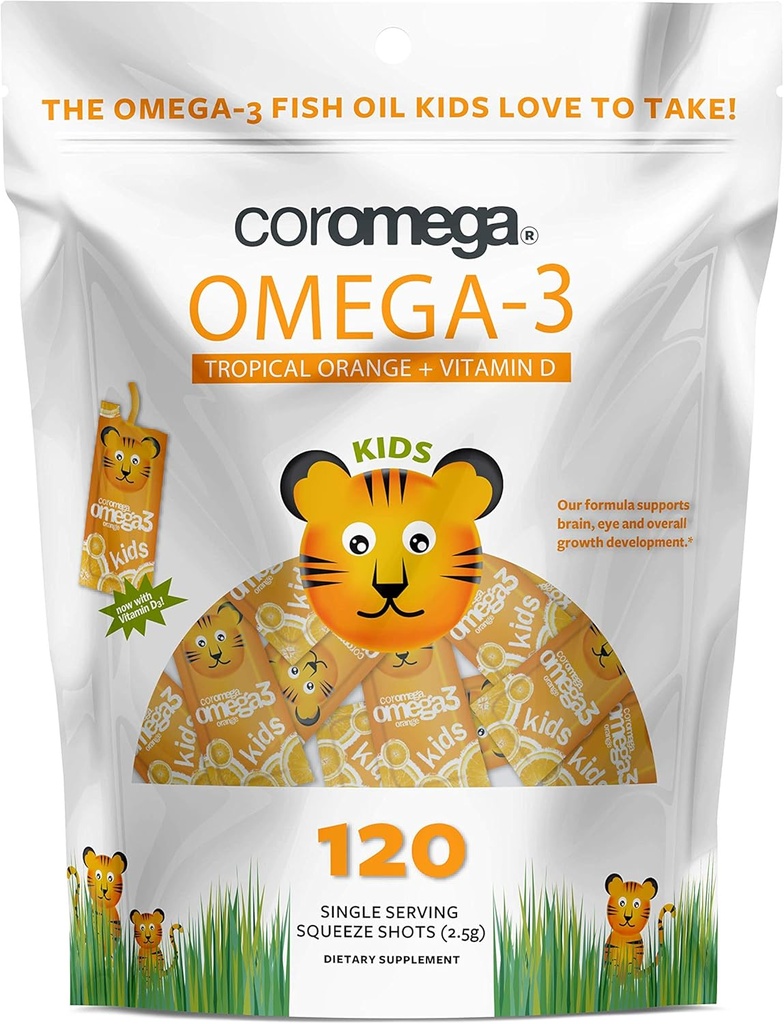 Coromega Kids Omega 3 Fish Oil Suplemento, 650 mg de Omega-3, Tropical Orange + Vitamina D, 120 Single Serve Squeeze Packets