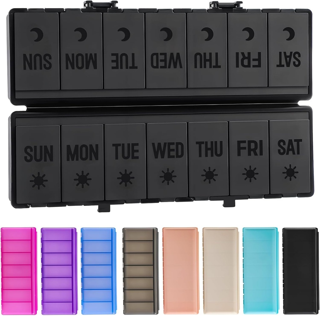 Foldable Pill Organizer 2 Times a Day w/Etched Labels -Dual Protection & Portable Weekly AM PM Pill Box, 7 Day Medicine Container, Large Travel Pill Case for Week Daily Supplement Vitamin - All Black