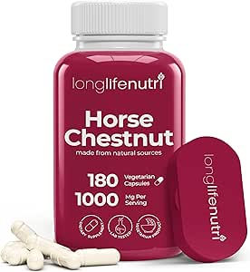 LongLifeNutri Horse Chestnut Extract 500mg - 180 Vegetarian Capsules, Suplemento Orgánico para la Circulación de Bienestar Diario, Suministro de 3 meses, GMP Certified, Made in USA