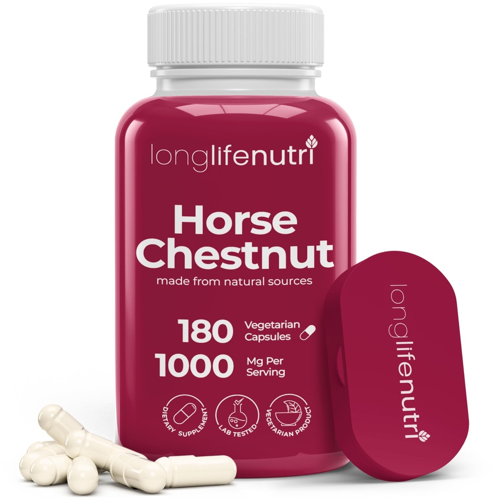 LongLifeNutri Horse Chestnut Extract 500mg - 180 Vegetarian Capsules, Suplemento Orgánico para la Circulación de Bienestar Diario, Suministro de 3 meses, GMP Certified, Made in USA