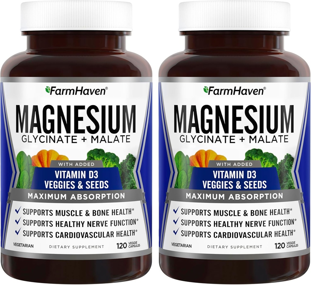 FarmHaven Magnesium Glycinate &amp; Malate Complex w/Vitamin D3, 100% Chelated for Max Absorption- Bone Health, Nerves, Muscles, 240 Capsules, 120 Days