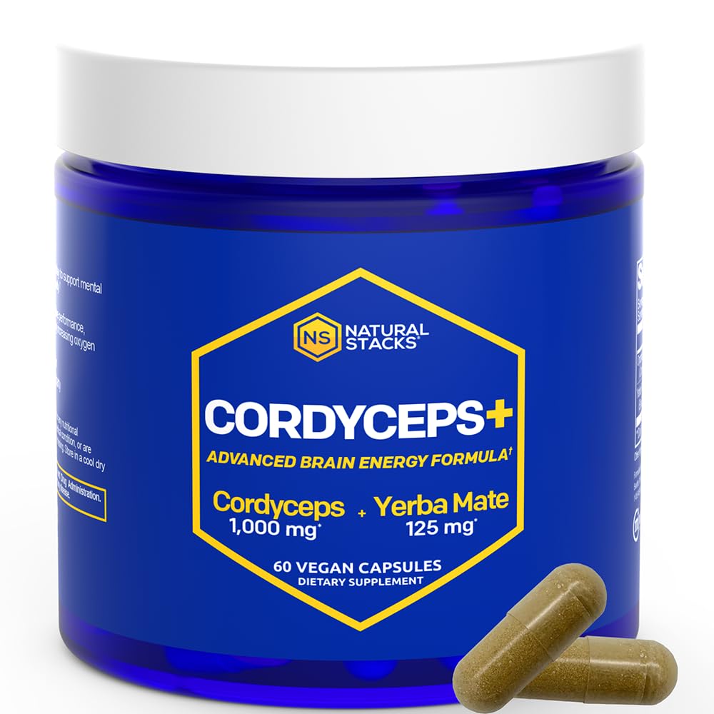 Cordyceps Mushroom Capsules - 1000mg Cordyceps Extract & 125mg Yerba Mate Extract - 100% Fruiting Body Mushroom Suplemento - Apoyos Brain Energy &amp; Cognitive Performance - 60 Yerba Mate Capsules