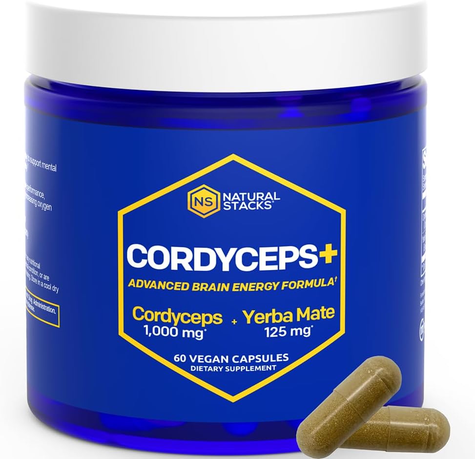 Cordyceps Mushroom Capsules - 1000mg Cordyceps Extract & 125mg Yerba Mate Extract - 100% Fruiting Body Mushroom Suplemento - Apoyos Brain Energy &amp; Cognitive Performance - 60 Yerba Mate Capsules