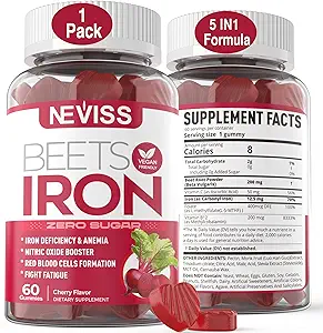 Beet Root Gummies with Iron, Methyl B12, Folate, Vitamin C - Increase Nitric Oxide & Iron Levels, Energy Support, Fight Fatigue, Beetroot & Gentle Iron Supplement, Sugar Free, 60 Counts