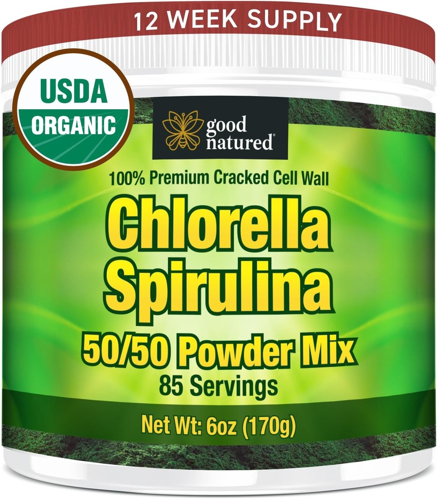 Good Natured Premium Chlorella Spirulina Powder Silencio 85 Servings Silencio No-GMO Silencio Sunlight Grown ← Deep Green Color ← Cracked Cell Wall ← Alkalyzing ← High Protein ← Vegan Organic Capsules ← Mountain Water
