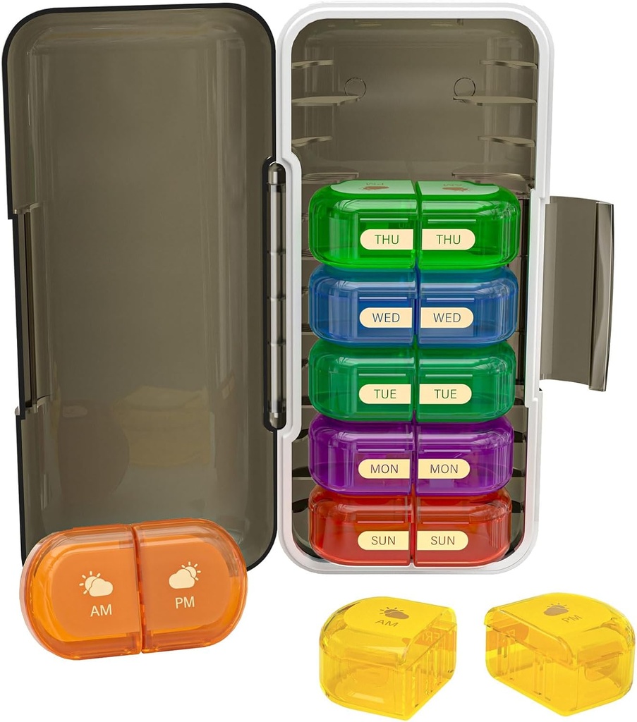 Organizador semanal de píldoras 2 veces al día, Moisture-Proof, Compartments desmontables, AM PM Pill Box 2x 7 Día, Organizador de píldoras/Fish Oil/Medication/Vitamin/Supplements (Black + Colorful)
