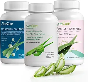 AloeCure Organic Aloe Vera Capsules Pack - 3 Piezas - Melatonina + Collagen, Aloe Vera Capsules, Probiotic + Enzyme
