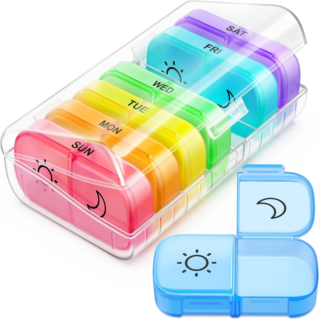 FEATY Organizador semanal de píldoras 2 veces al día con la apertura de la misma forma para fácil llenado " , Rastreo de color 7 días AM caja de píldoras con gran BPA caja de píldoras gratis para vitaminas, aceites de pescado (color)