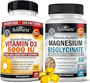 Vitamina de alta resistencia D3 5000 UI 125 mcg (1 año de suministro) Más cápsulas de alta absorción Magnesio Bisglycinate (2 mes de suministro)
