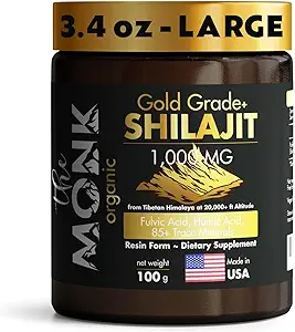 Himalayan Shilajit Resin with Fulvic Acid, Humic Acid, 85+ Minerals- Gold Grade Plus - 100g, 1000 mg Por Serving - Energy, Stamina, Brain Support - Made in The USA