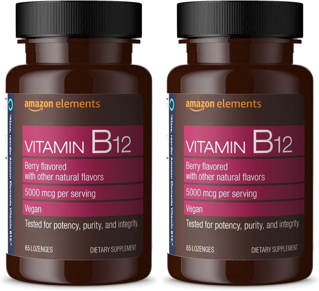 Elementos Vitamina B12 Methylcobalamin 5000 mcg - Producción de Energía Normal y Metabolismo, Sistema Inmune Apoyo - 2 Mes de Suministro, Berería Sabored Lozenges, 65 Conde (Pack de 2)