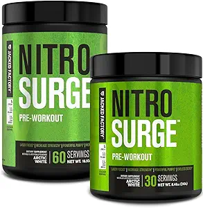 Jacked Factory NITROSURGE Pre Workout Suplemento - Endless Energy, Instant Strength Gains, Clear Focus, Bombas Intensas - NO Booster &amp; Powerful Preworkout Energy Powder - 90 Servings, Arctic White