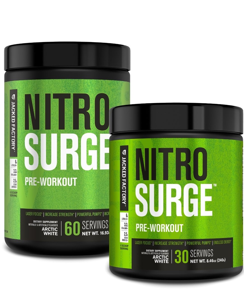Jacked Factory NITROSURGE Pre Workout Suplemento - Endless Energy, Instant Strength Gains, Clear Focus, Bombas Intensas - NO Booster &amp; Powerful Preworkout Energy Powder - 90 Servings, Arctic White