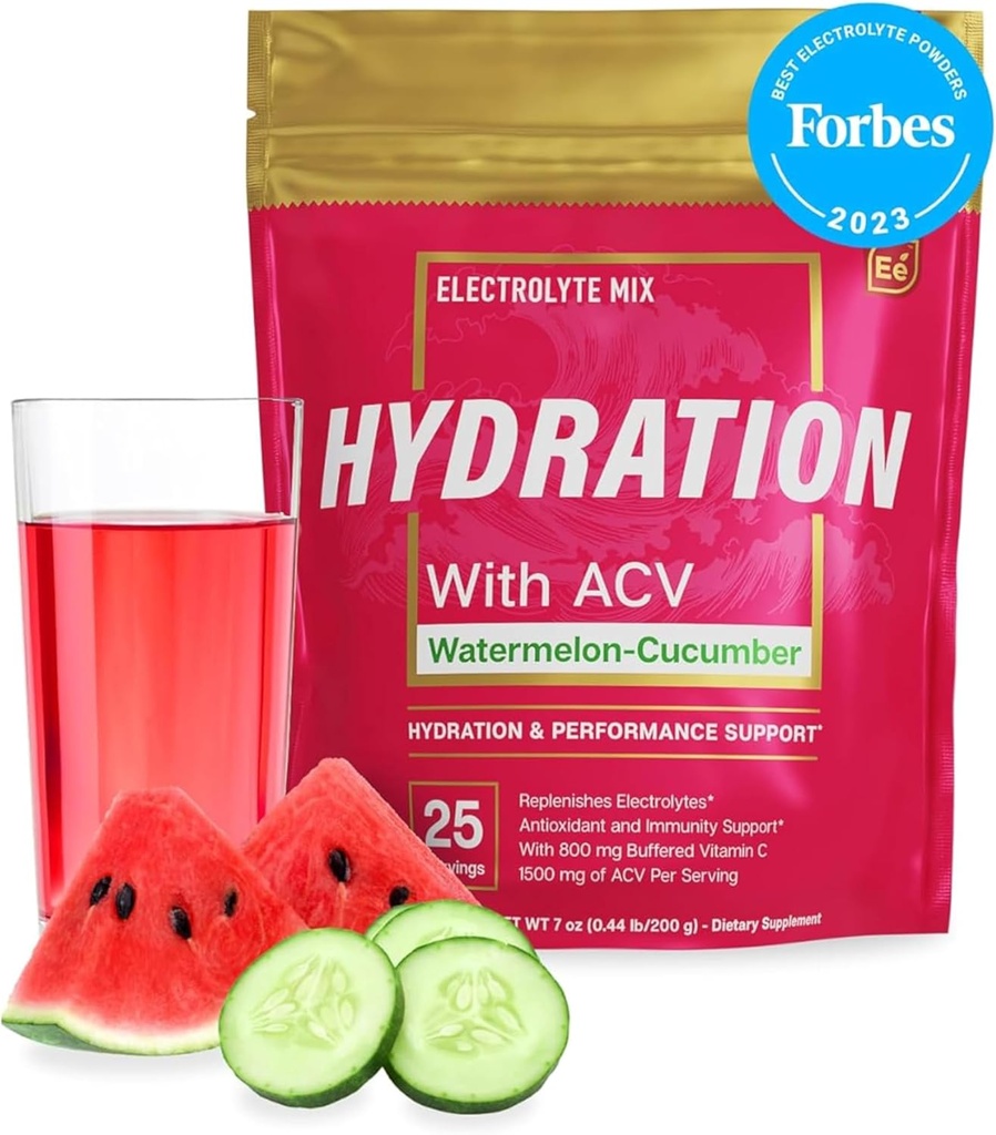 Elementos esenciales Hydration Packets - Watermelon Cucumber Pack - Sugar Free Electrolytes Powder Packets - 25 Stick Packs of Electrolytes Powder No Sugar - Hydration Drink - with ACV &amp; Vitamin C