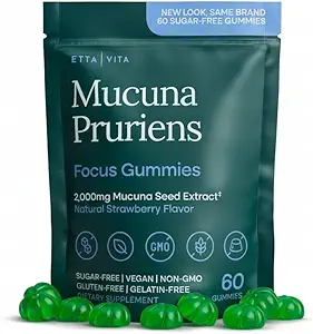 Suplemento de Dopamina - Mucuna libre de azúcar Pruriens Gummies (2g/servido) Energía " Gummies en foco - Potent Mucuna Pruriens Extracto Suplemento para calma Mood and Motivation, Vegan, No Gluten-Free, 60ct