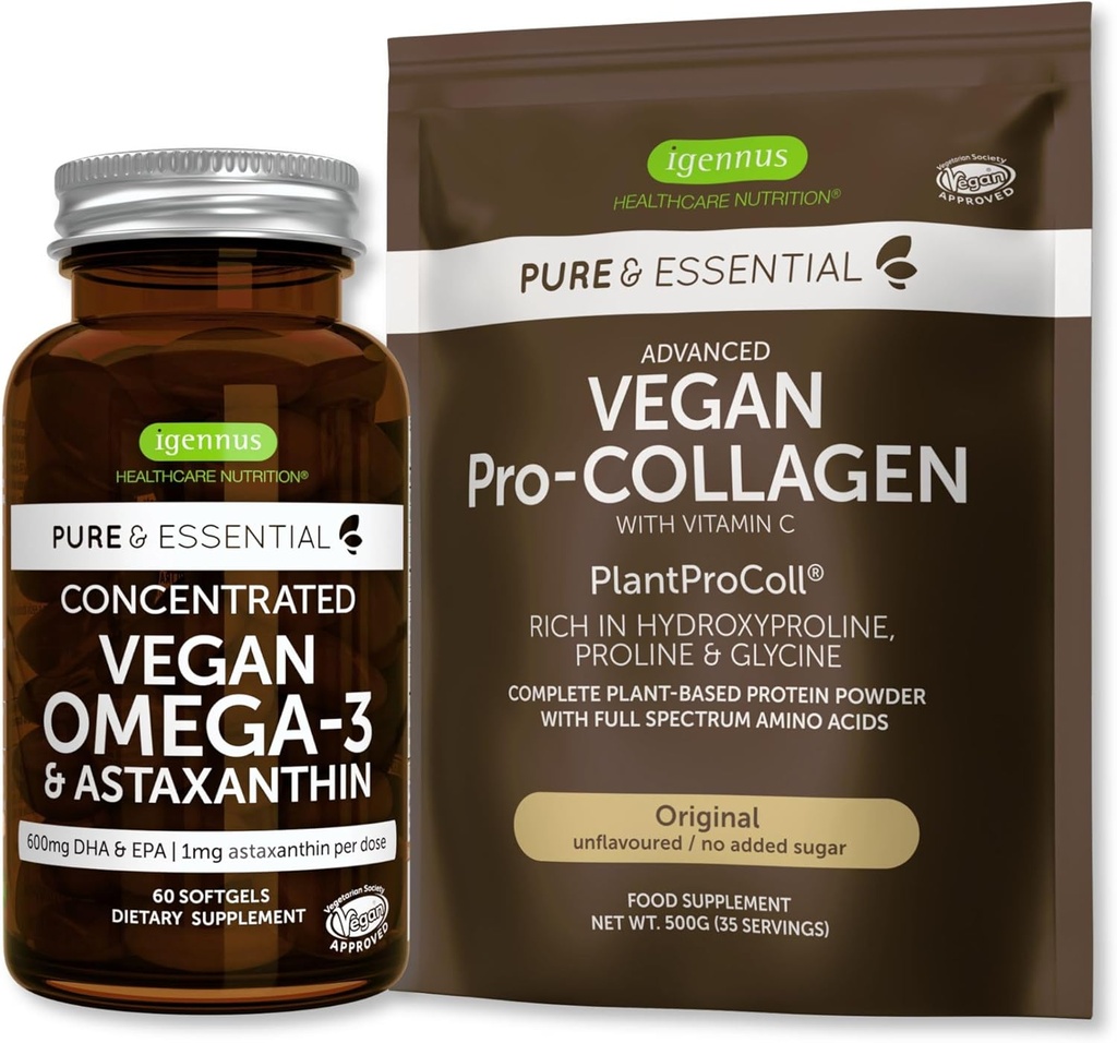 Puro &amp; Esencial Collagen Peptide Protein Powder & Vegan Omega 3 Bundle, Completa Collagen Boosting Formula & Sustentable Alga Oil 1340mg, por Igennus