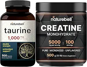 NatureBell Creatine Monohydrate Powder & Taurine Capsules 1000mg Por Serving Bundle Pack ← Alta Absorción Cretina Micronizada ← Aminoácidos Esenciales Suplemento