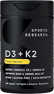 Sports Research Vitamin D3 with K2 Softgels - Plant Based K2 & Vegan D3 5000iu with Coconut MCT Oil - Vegan Certified, Soy & Gluten Free - 120 Count