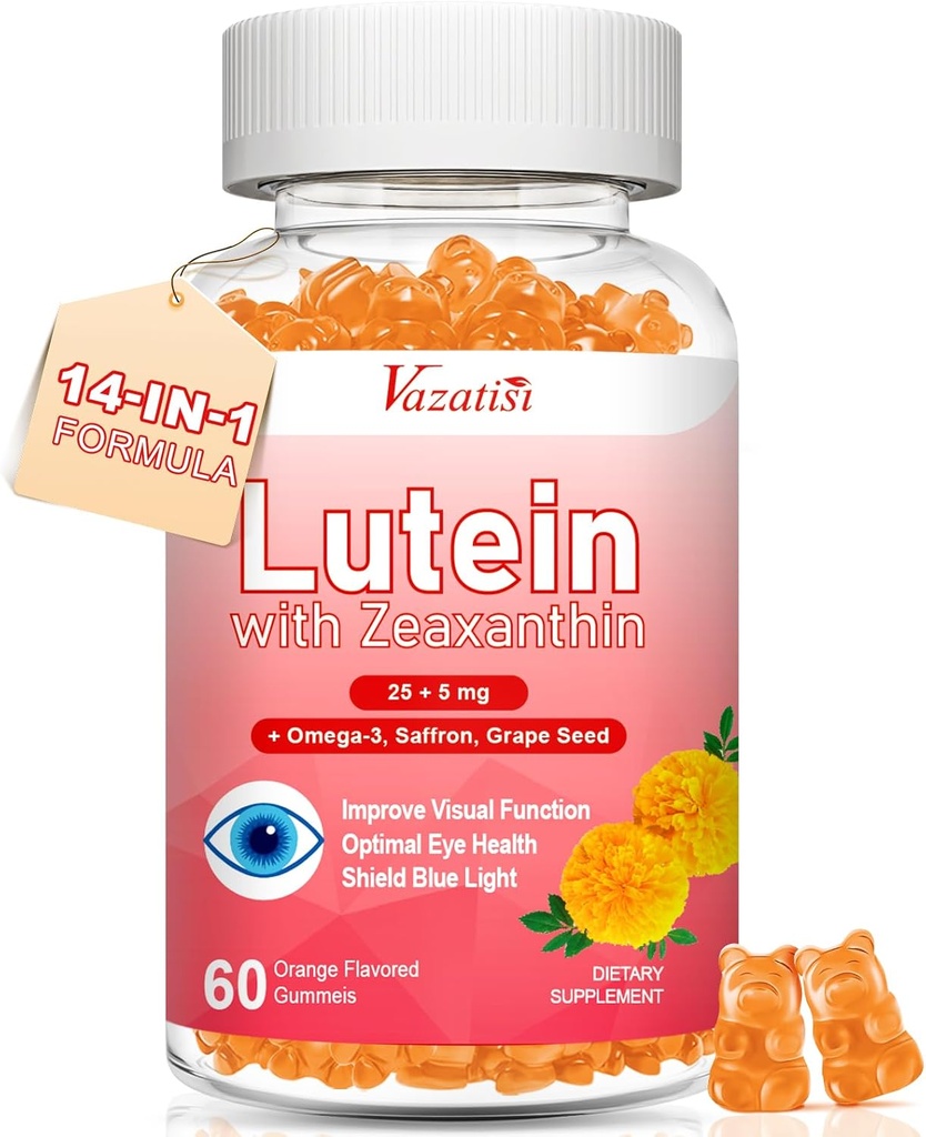 Lutein y Zeaxanthin Suplementos Gummies, Advanced Eye Vitamin Supplement with Bilberry, Saffron, Grape Seed, Omega 3 para Macular Health, Dry Eye, Visual Function - Orange Flavor, 60 Condes