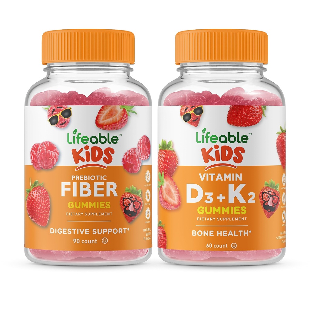 Fibra prebiótica Lifeable Niños + Vitamina D3 + Vitamina K2 Kids, Gummies Bundle - Gran Tasting, Suplemento de vitamina, Gluten Gratis, GMO Gratis, Chewable Gummy