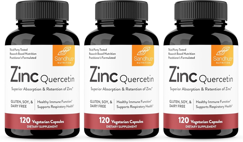 Sandhu's Zinc Quercetin 120 Vegetarian Capsules (Pack of 3) ← Zinc Suplementos para Antioxidante Apoyo Inmunitario para Hombres y Mujeres ← Gluten, Soy, Dairy Free
