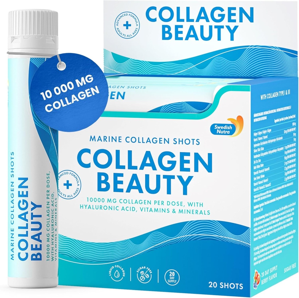 Nutra sueco - Collagen Beauty ← 10,000 mg Hidrolyzed Marine Collagen Líquido Suplemento - 20 x 25 ml Zapatos diarios ← Ácido hialurónico y vitamina C para apoyar el cabello saludable, la piel, las uñas