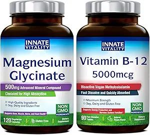 Innato Vitality Magnesium Glycinate & Vitamin B12 Bundle, No Gluten & Vegan, Magnesium (120 Caps) & Vitamina B12 (90 Tapas rápidas de consola), Value Pack, Bundle &amp; Save