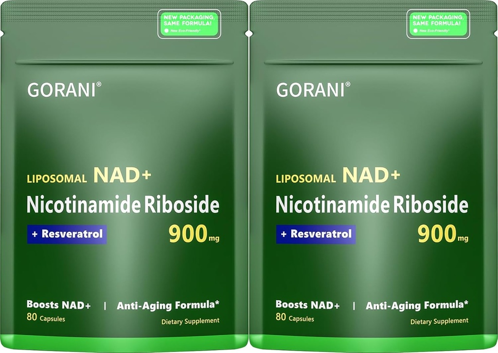 Gorani NAD+ Suplemento 900MG – Nicotinamide Riboside, Liposomal Resveratrol " Quercetin – Apoya la energía celular y la salud antioxidante – 80 cápsulas